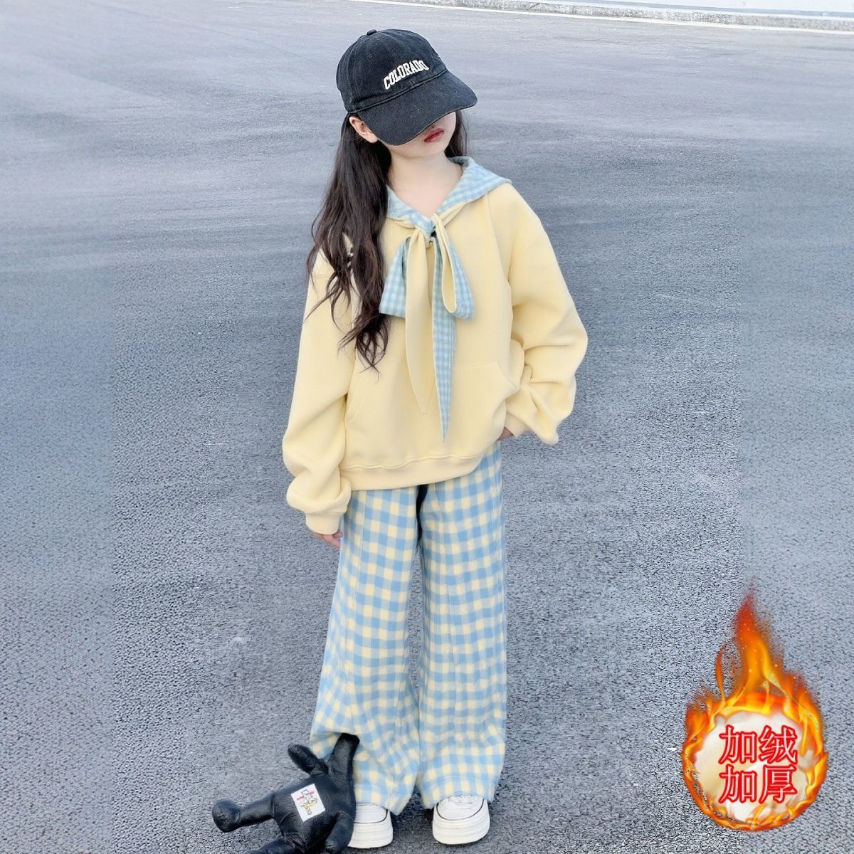 女童秋冬加绒套装2025蝴蝶结卫衣多巴胺中大童休闲格子长裤两件套