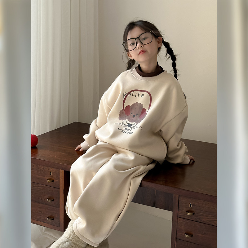 女童秋冬卡通加绒卫衣卫裤套装潮