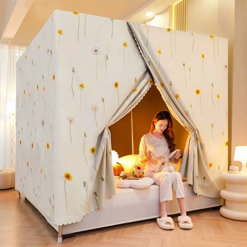 床幔家用强遮光床帘蚊帐一体式全遮光防尘防水单开门保暖挡风纹帐