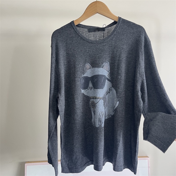 女士羊毛圆领黑眼镜猫咪设计图案休闲百搭针织羊毛衫