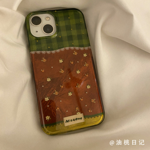 油桃日记秋冬复古拼接碎花适用iPhone16proMax手机壳苹果13新款12防摔15全包14小众简约ins风