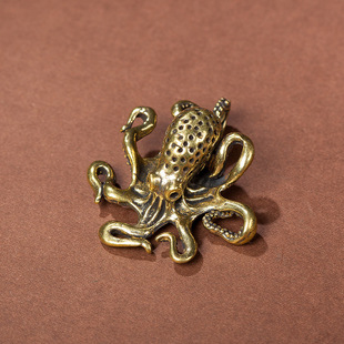 黄铜八方纳财章鱼摆件手工纯铜八爪鱼手把件茶道配件创意茶宠