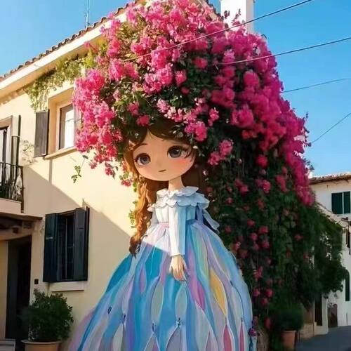 户外墙面装饰彩绘女孩花艺墙