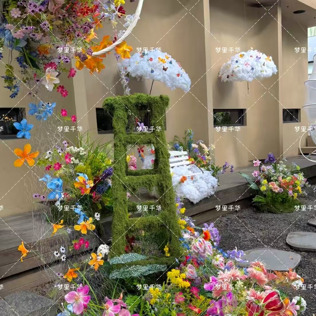 咖啡店假花莫奈花园仿真花摆件拍照场景布置大型蝴蝶云朵伞挂件