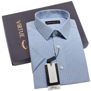 富绅夏季 男士 高端衬衫 商务方领休闲品牌衬衣 深蓝细格纯棉免烫短袖