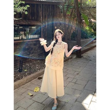 小清新碎花系带花边无袖上衣高腰中长款半身裙女2025夏季时尚