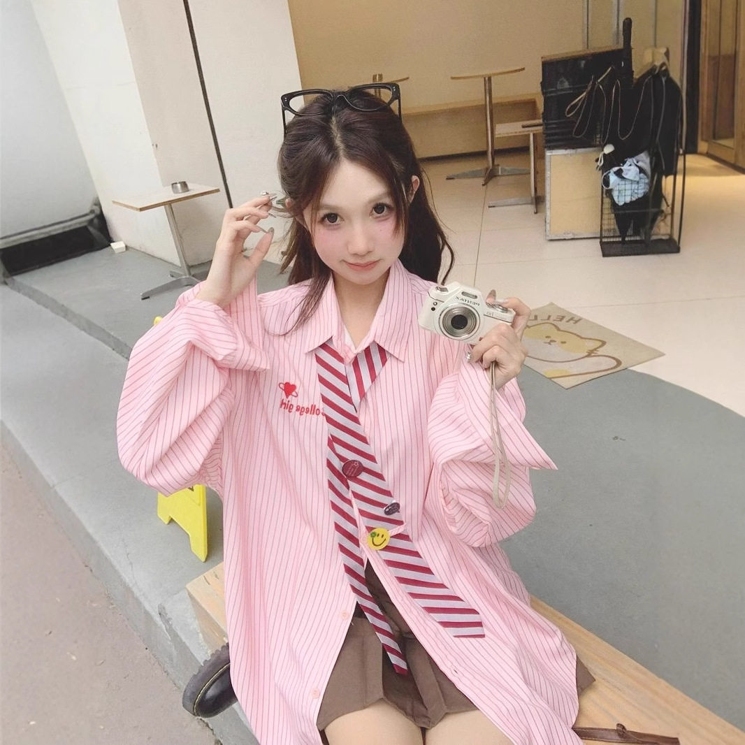 学院风领带条纹粉色长袖衬衫女装早秋韩版甜美设计感显瘦百搭