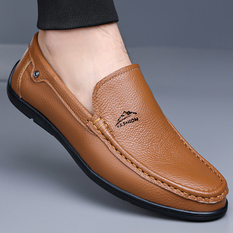 皮鞋男2026春季新款真皮商务休闲鞋白色圆头一脚蹬透气轻便豆豆鞋