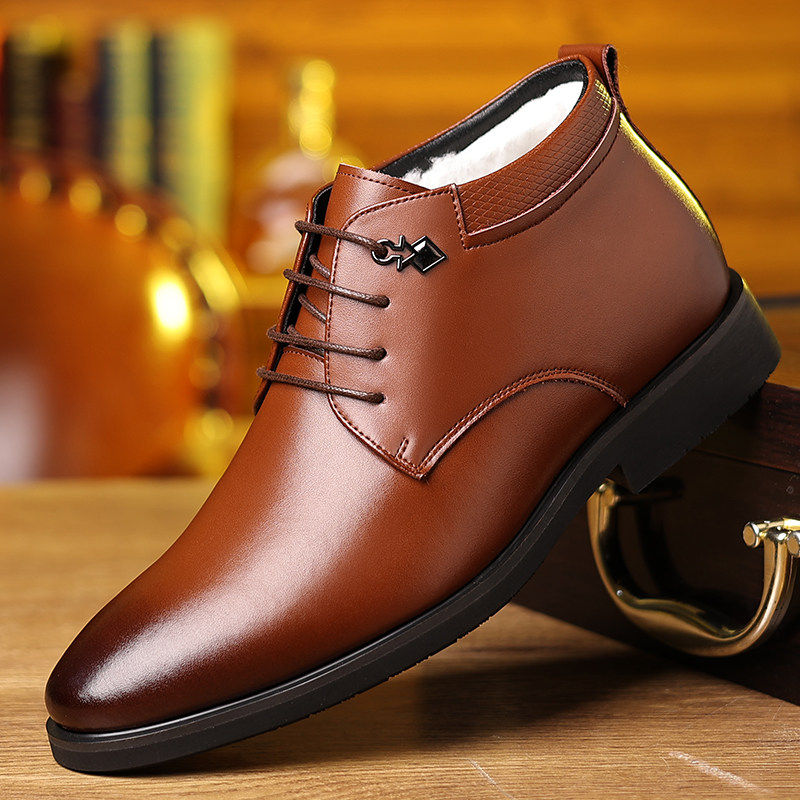 棉鞋男2025冬季新款男士高帮皮鞋棕色商务正装保暖加绒休闲上班鞋