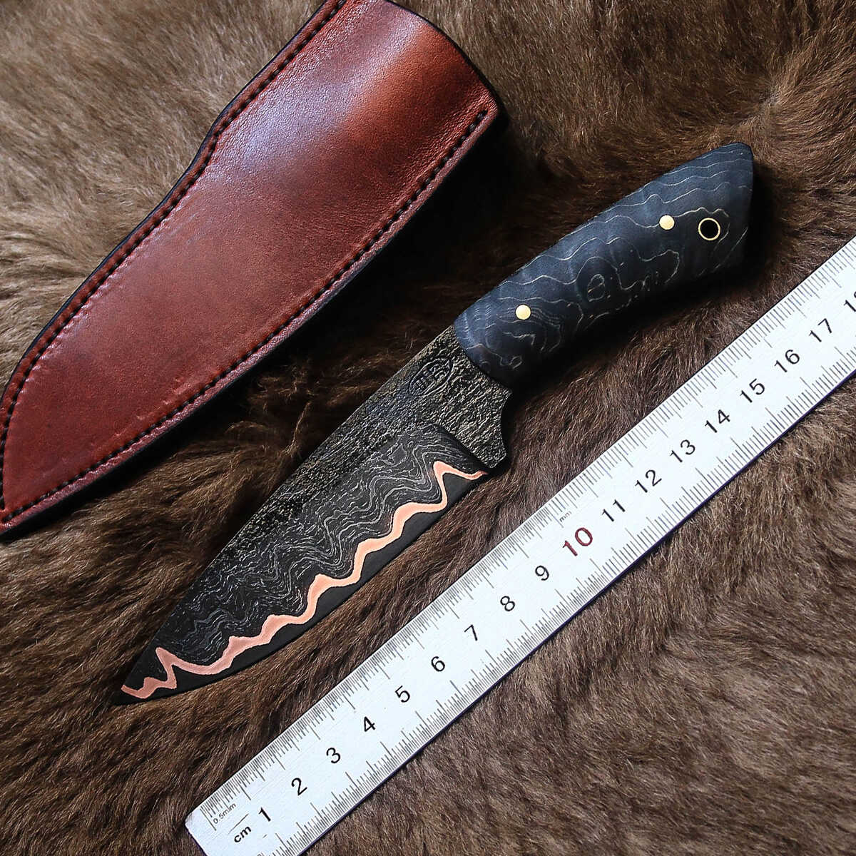 【刃物研究所】手工锻造钢罐大马士革夹铜户外小刀露营刀bc野营刀