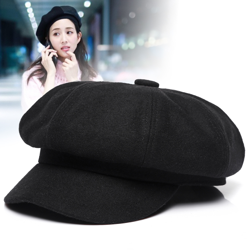 羊毛呢女生逛街百搭八角帽子女士秋冬季大小码黑色韩版潮牌贝雷帽