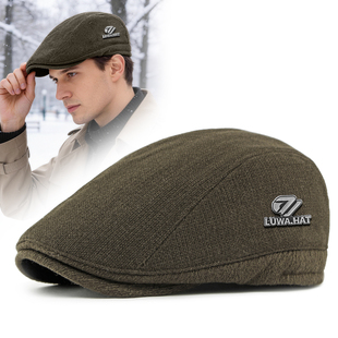 路瓦帽子男款冬季羊毛混纺加绒保暖贝雷帽中老年爸爸全封口前进帽