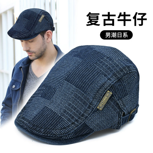 牛仔鸭舌帽男士春秋复古贝雷帽