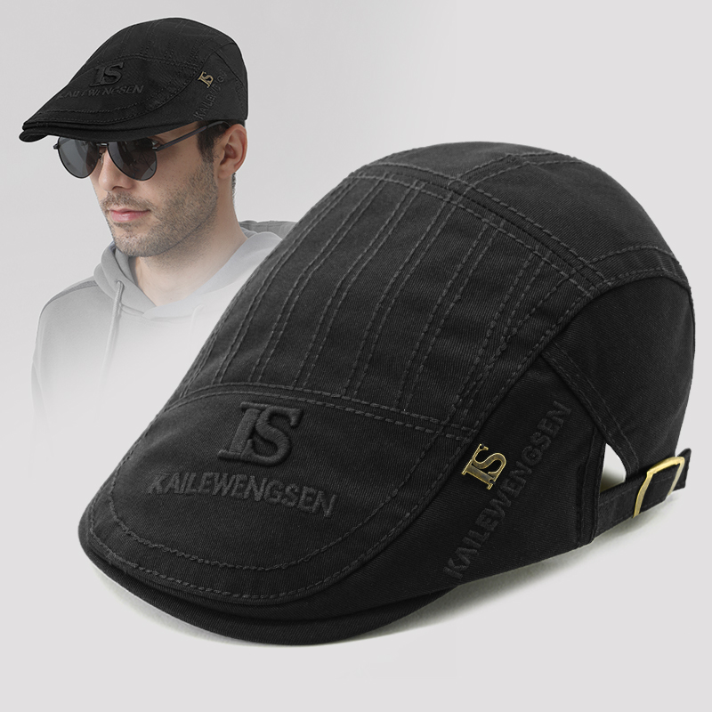 路瓦春秋复古刺绣纯棉贝雷帽男黑色可调节百搭小头鸭舌帽透气遮阳