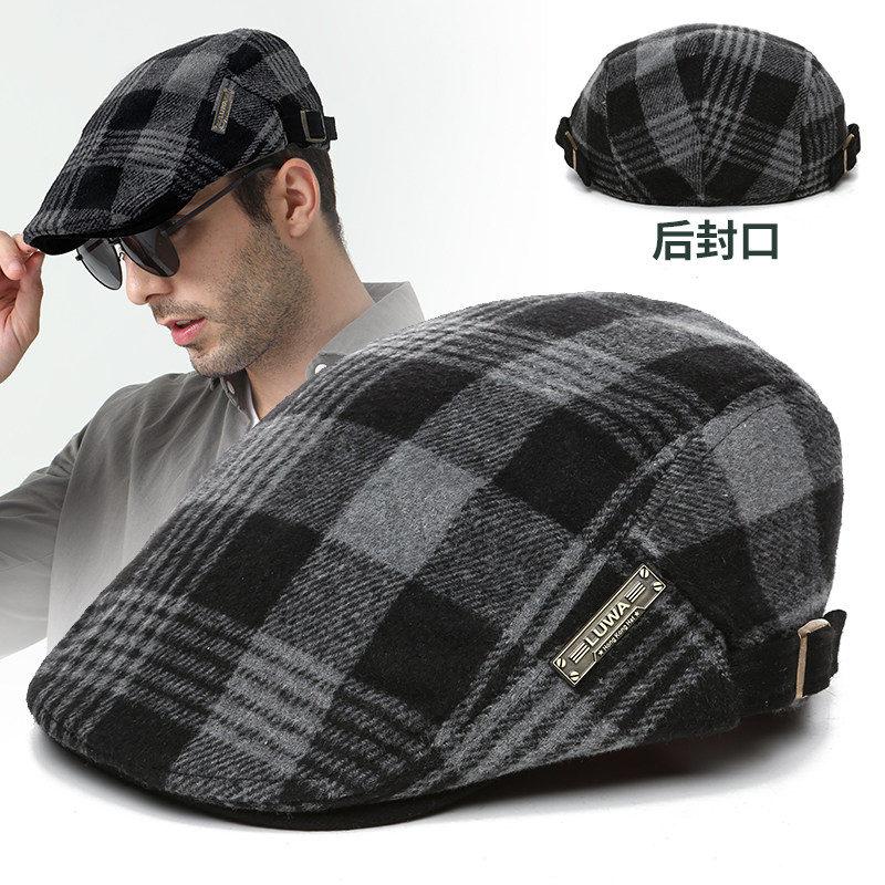 毛呢鸭舌帽男品牌秋冬季复古格子画家帽中老年格纹休闲保暖贝雷帽