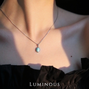 山水间、天然绿松石原矿925纯银项链锁骨链小众简约吊坠毛衣链女