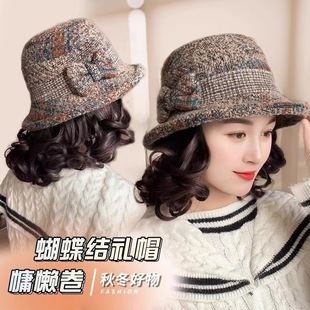 秋冬新款中老年短卷发一体保暖毛呢帽子女时尚洋气妈妈盆帽小礼帽
