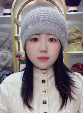 双层加厚针织帽子女冬天保暖护耳毛线帽韩版宽松大头围妈妈堆堆帽