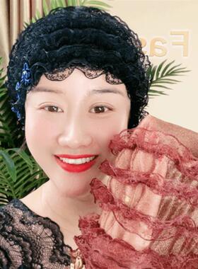 头饰遮盖白发神器前额头中老年网纱蕾丝边女薄款妈妈包头美人帽子