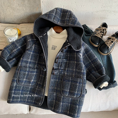 羊角扣子上衣冬季儿童羊毛呢大衣童装男童韩版中长款连帽加绒外套