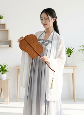 复古竹编扇手工长柄团扇夏纳凉驱赶蚊虫蒲扇中国风汉服麈尾葫芦扇