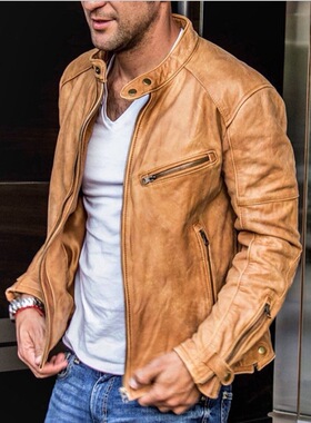 Men stand collar Leather Jacket Bomber Motorcycle Biker coat