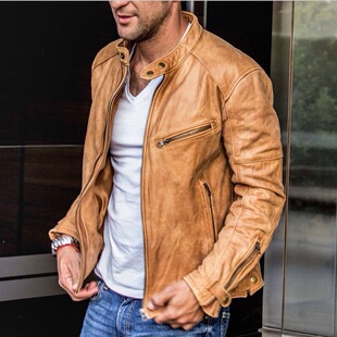 Leather Jacket Bomber Men Biker collar Motorcycle coat stand