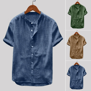 Short sleeve solid color linen cotton men's tops Man shirts