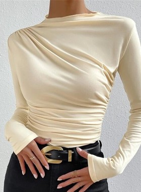 Solid Color Slim Fit Pleated Long Sleeve T-shirt Women's Top