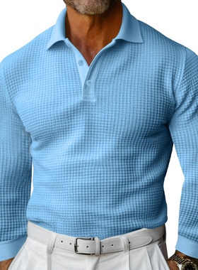 Men's T-shirt waffle collar button slim fit long sleeve polo