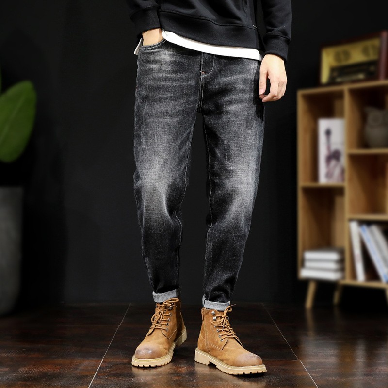 宽松拉链长裤磨白秋牛仔裤高腰男