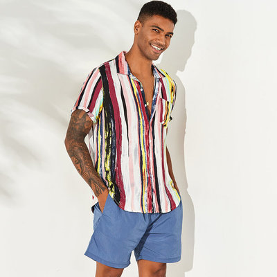 男青年印花衬衫沙滩休闲短袖衬衣