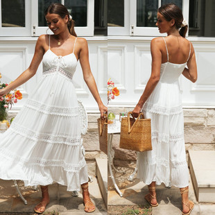women white suspender dress Bohemian Sling Lace Panel Dress