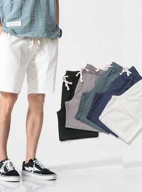 New Man Blue White Beach pants Thin Linen Cotton Men Shorts