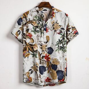 Cotton Linen Printing Hawaiian Shirt Blouse Camisetas Hombre