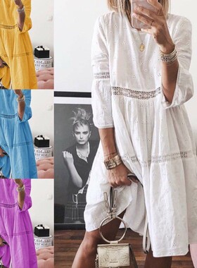 medium-long dresses summer beach plus size dress 镂空连衣裙