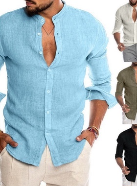 Autumn cotton linen long sleeve men black shirt White blouse