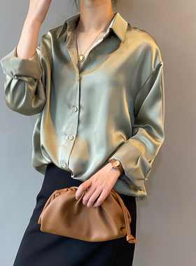 Autumn Satin Silk Shirt Blouse Women White Long Sleeve女衬衣
