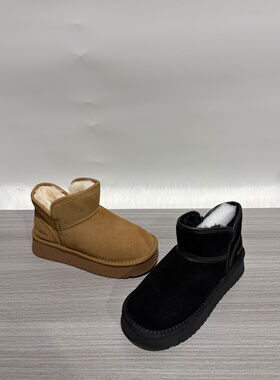 2025冬新特价断码头层牛皮真皮半羊毛圆头厚底加绒时尚女雪地短靴