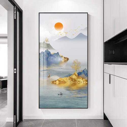 玄关山水画竖版现代轻奢高档走廊挂画新中式客厅风景入户过道壁画