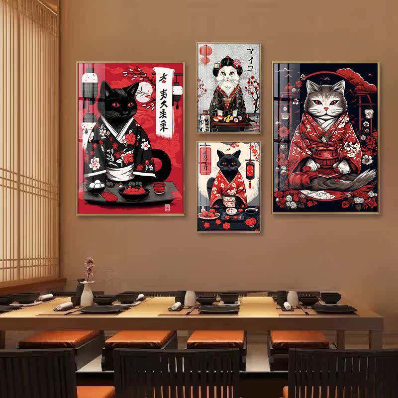 日式和风装饰画居酒屋猫咪浮世绘寿司店墙面挂画日本料理店壁画