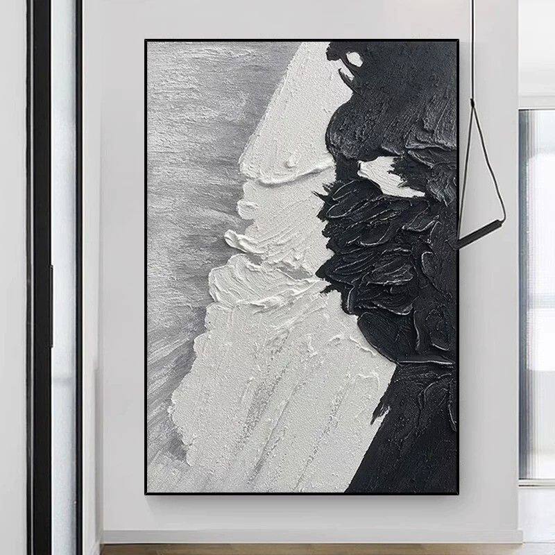 现代简约客厅挂画黑白抽象玄关装饰画肌理高级感走廊过道竖版壁画