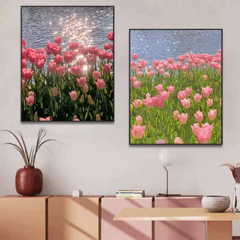 卧室郁金香装饰画餐厅植物花卉挂画床头背景墙壁画简约现代饭厅画