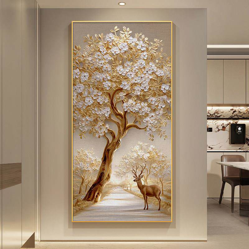发财树入户玄关装饰画一路高升走廊挂画高级感招财鹿竖版壁画