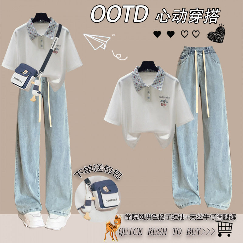 学院风拼色格子POLO领短袖少休闲运动套装