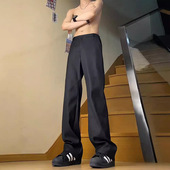黑色休闲半松紧西装 子男高腰加长款 垂感高级感直筒裤 冰丝西裤