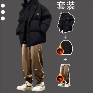 冬季 男生港风帅气 棉衣外套加绒加厚一整套学生潮搭保暖套装