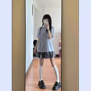 学院风甜美宽松纯色衬衣韩系感褶皱 套装 女蓝色短袖 衬衫 女夏季