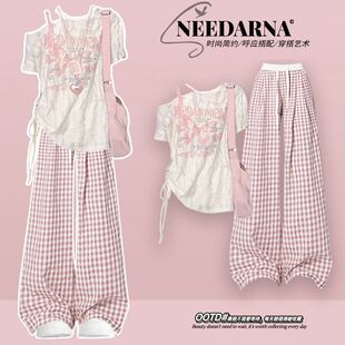 韩系初夏独特绝美小套装巨好看杏衣格子休闲裤一整套2026新款流行