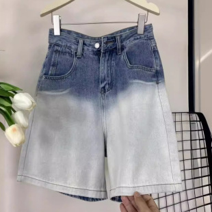 中裤 流行新款 子时尚 女宽松显瘦百搭五分裤 潮 高腰渐变色牛仔短裤